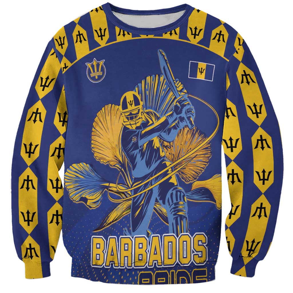 Unisex blue cricket sweatshirt with gold Barbados graphic and wicket-keeper front print