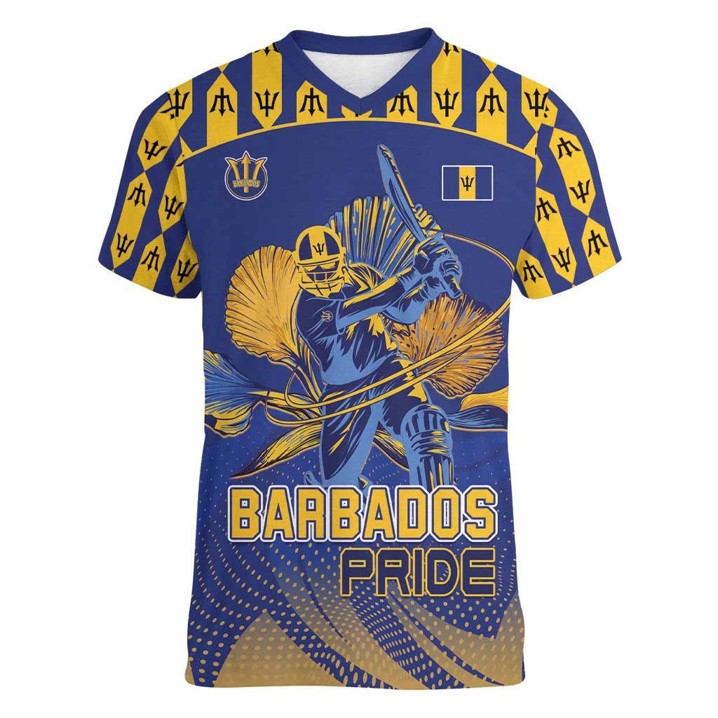 Custom Barbados Pride Cricket Women V-Neck T-Shirt Dwarf Poinciana Flower Sporty Style - Wonder Print Shop