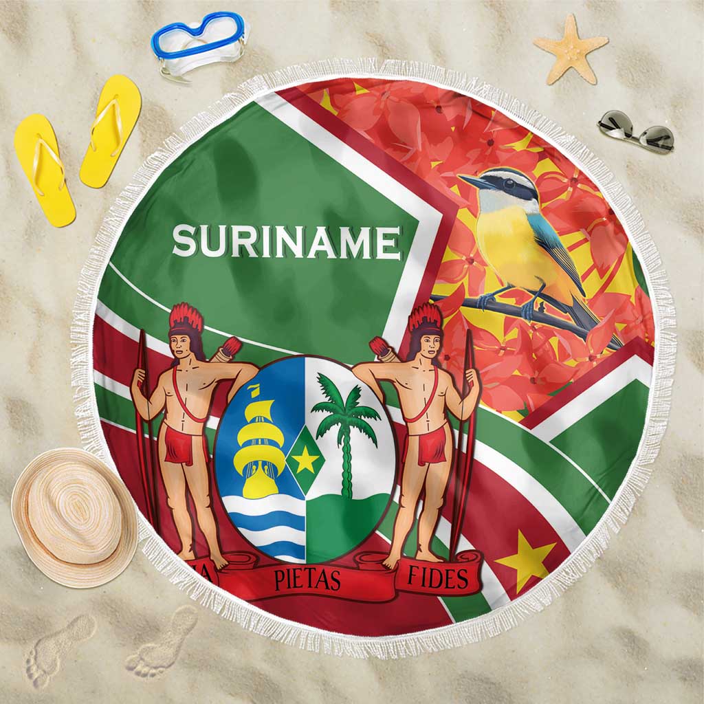 Suriname Independence Day Beach Blanket Coat Of Arms With Lesser Kiskadee - Wonder Print Shop