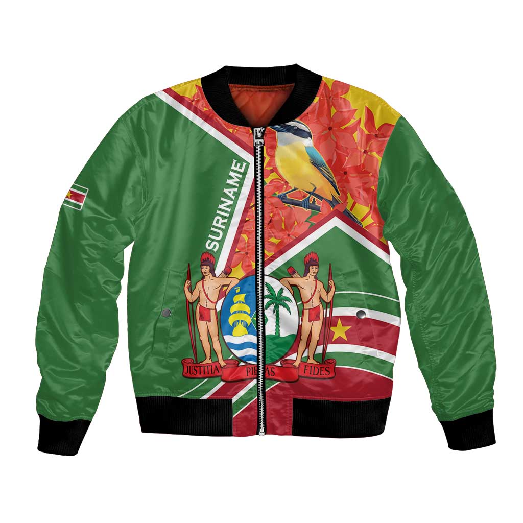 Green bomber jacket with front zipper and Suriname emblem, kiskadee bird and flag graphics