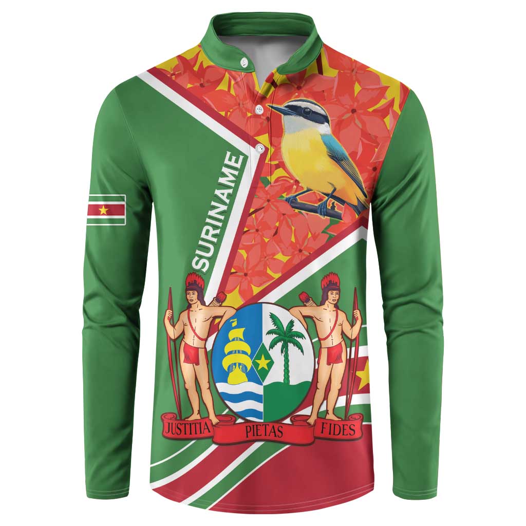 Green long-sleeve button sweatshirt with Suriname bird and coat-of-arms graphic