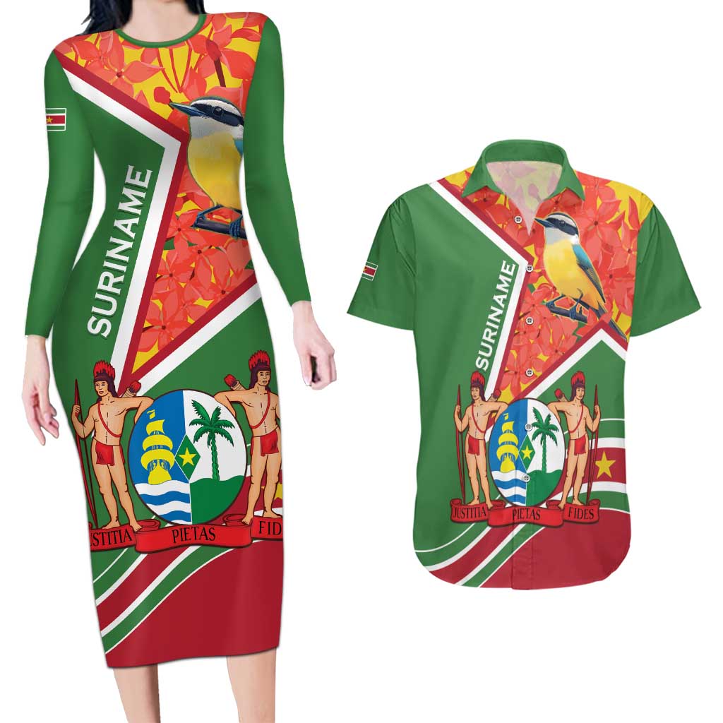 Suriname Independence Day Couples Matching Long Sleeve Bodycon Dress and Hawaiian Shirt Coat Of Arms With Lesser Kiskadee - Wonder Print Shop