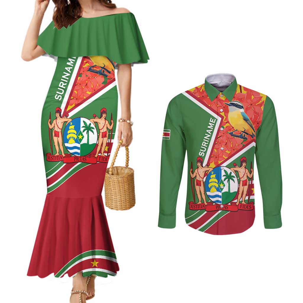 Suriname Independence Day Couples Matching Mermaid Dress and Long Sleeve Button Shirt Coat Of Arms With Lesser Kiskadee