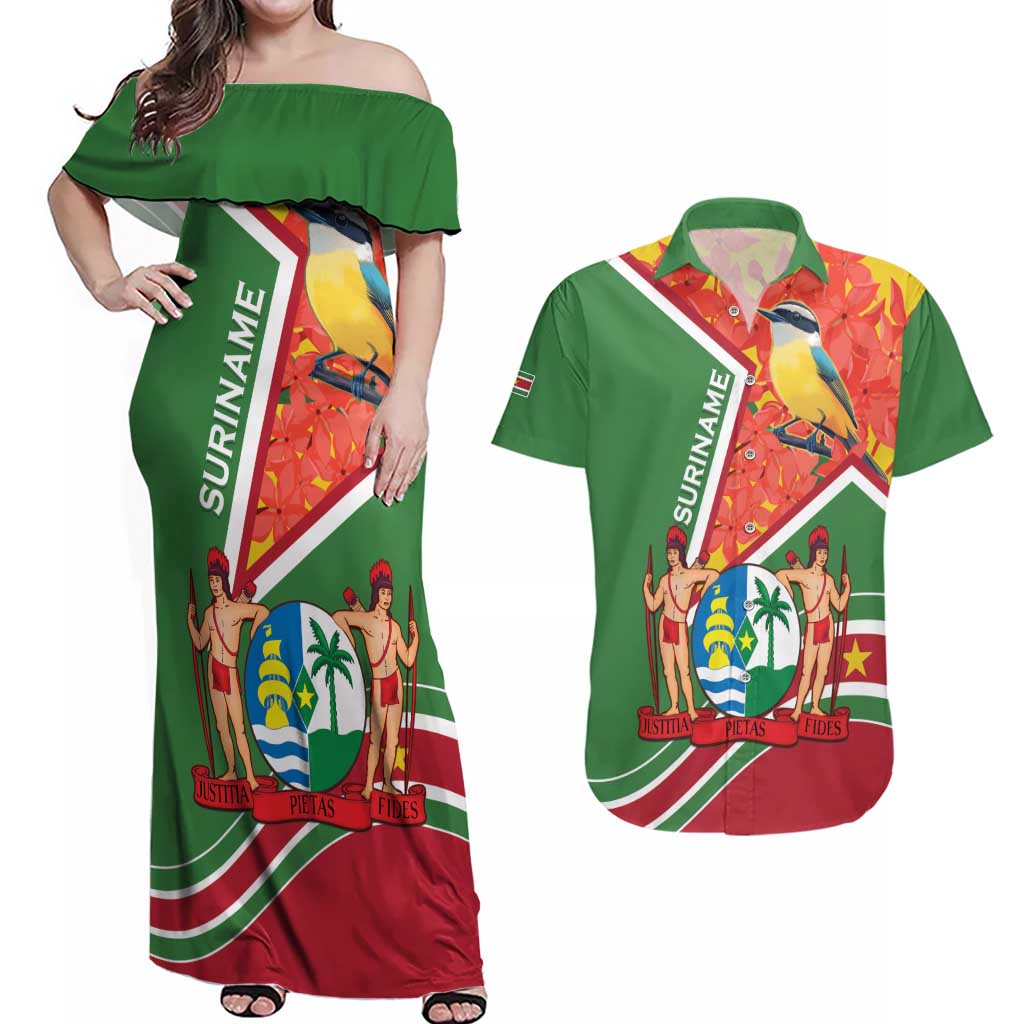 Suriname Independence Day Couples Matching Off Shoulder Maxi Dress and Hawaiian Shirt Coat Of Arms With Lesser Kiskadee - Wonder Print Shop