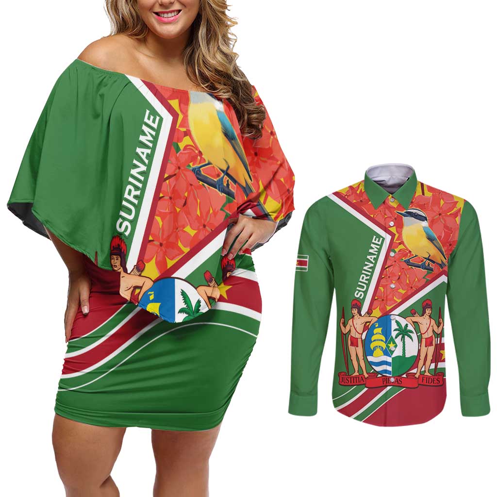 Suriname Independence Day Couples Matching Off Shoulder Short Dress and Long Sleeve Button Shirt Coat Of Arms With Lesser Kiskadee - Wonder Print Shop