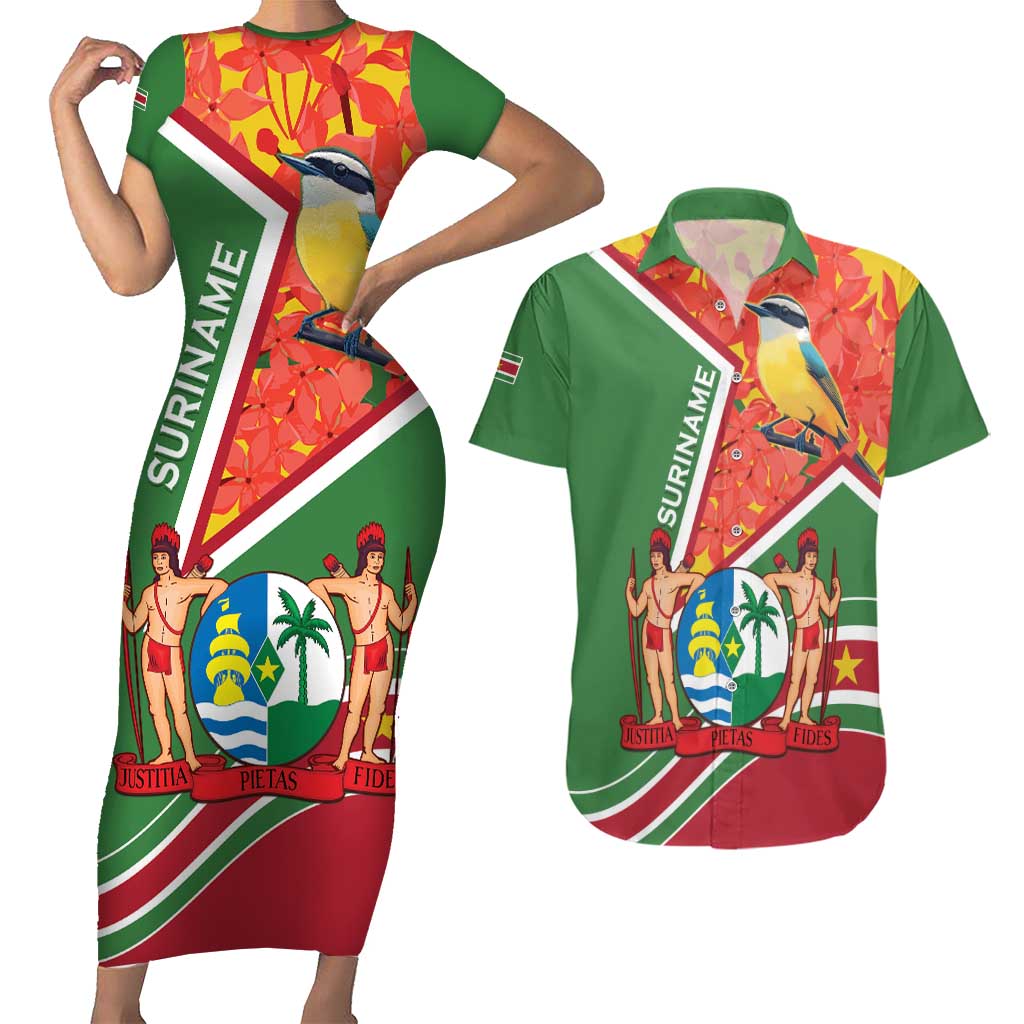 Suriname Independence Day Couples Matching Short Sleeve Bodycon Dress and Hawaiian Shirt Coat Of Arms With Lesser Kiskadee - Wonder Print Shop