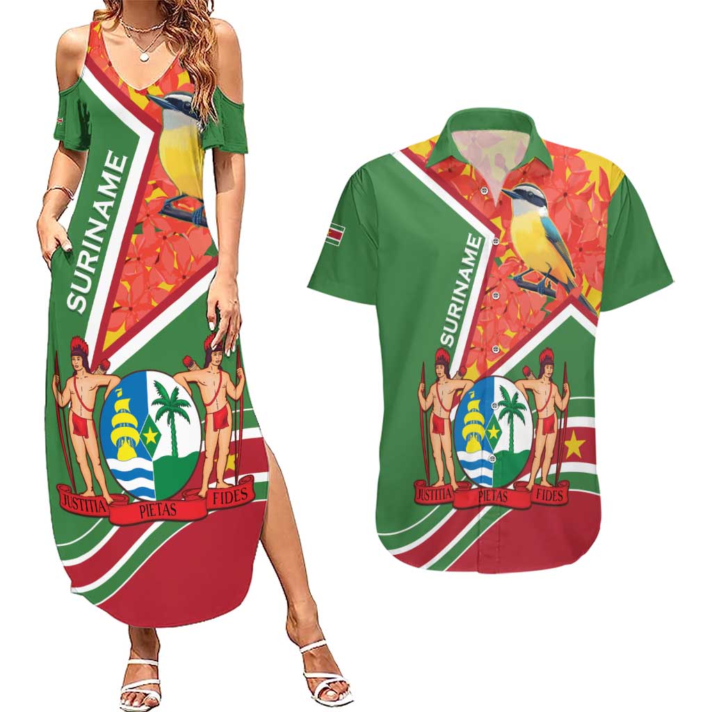 Suriname Independence Day Couples Matching Summer Maxi Dress and Hawaiian Shirt Coat Of Arms With Lesser Kiskadee - Wonder Print Shop