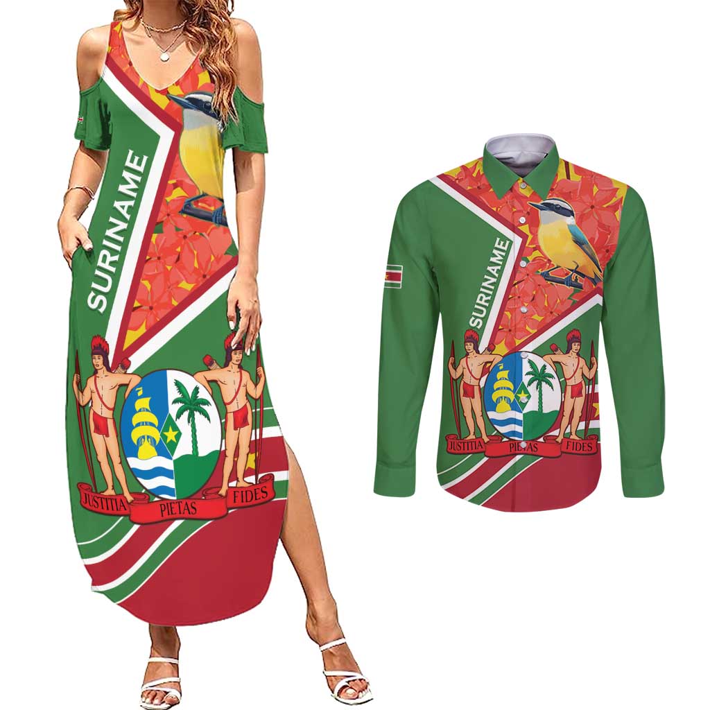 Suriname Independence Day Couples Matching Summer Maxi Dress and Long Sleeve Button Shirt Coat Of Arms With Lesser Kiskadee - Wonder Print Shop