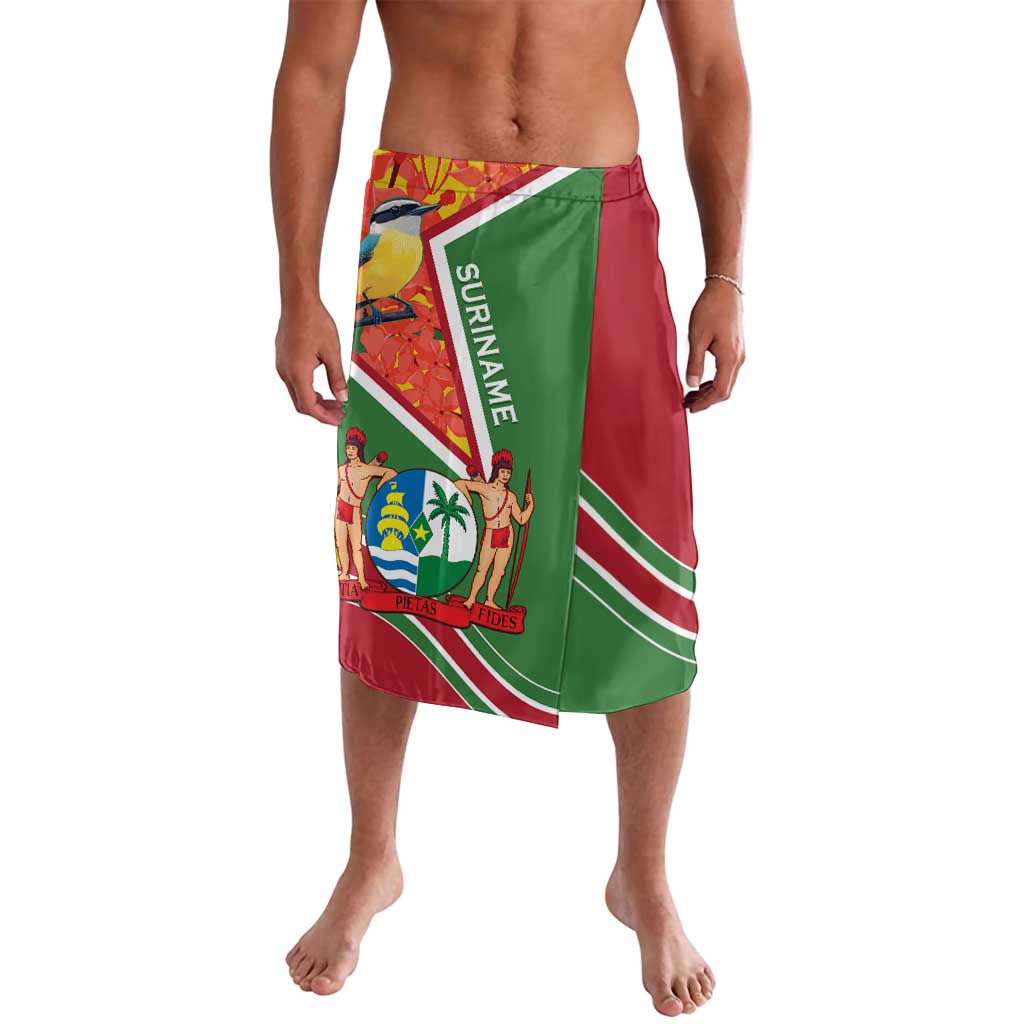 Suriname lavalava sarong with coat of arms, Lesser Kiskadee print, green red panel