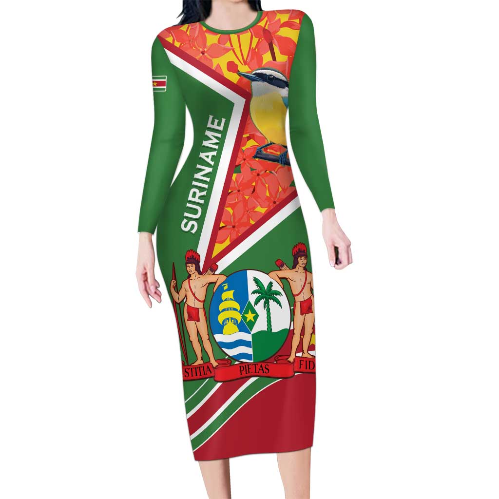 Suriname Independence Day Long Sleeve Bodycon Dress Coat Of Arms With Lesser Kiskadee - Wonder Print Shop