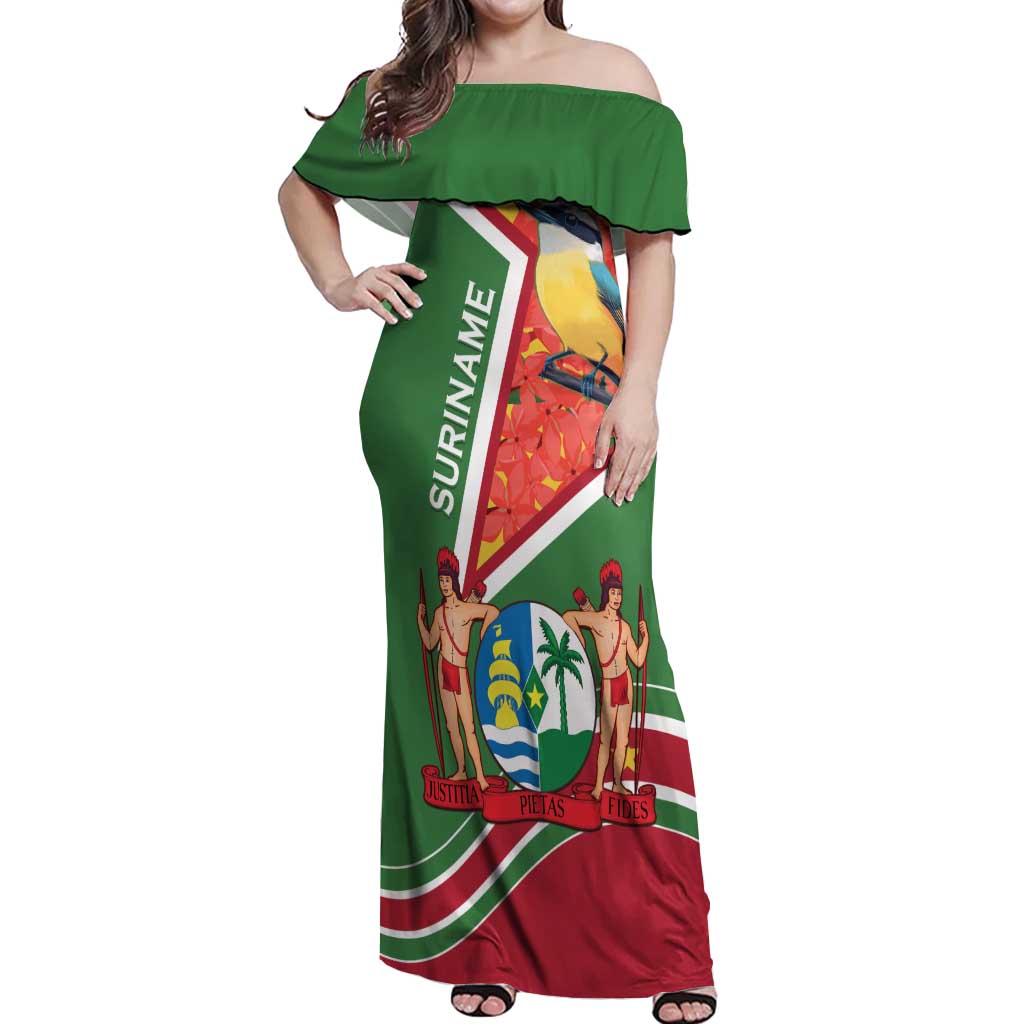 Suriname Independence Day Off Shoulder Maxi Dress Coat Of Arms With Lesser Kiskadee - Wonder Print Shop