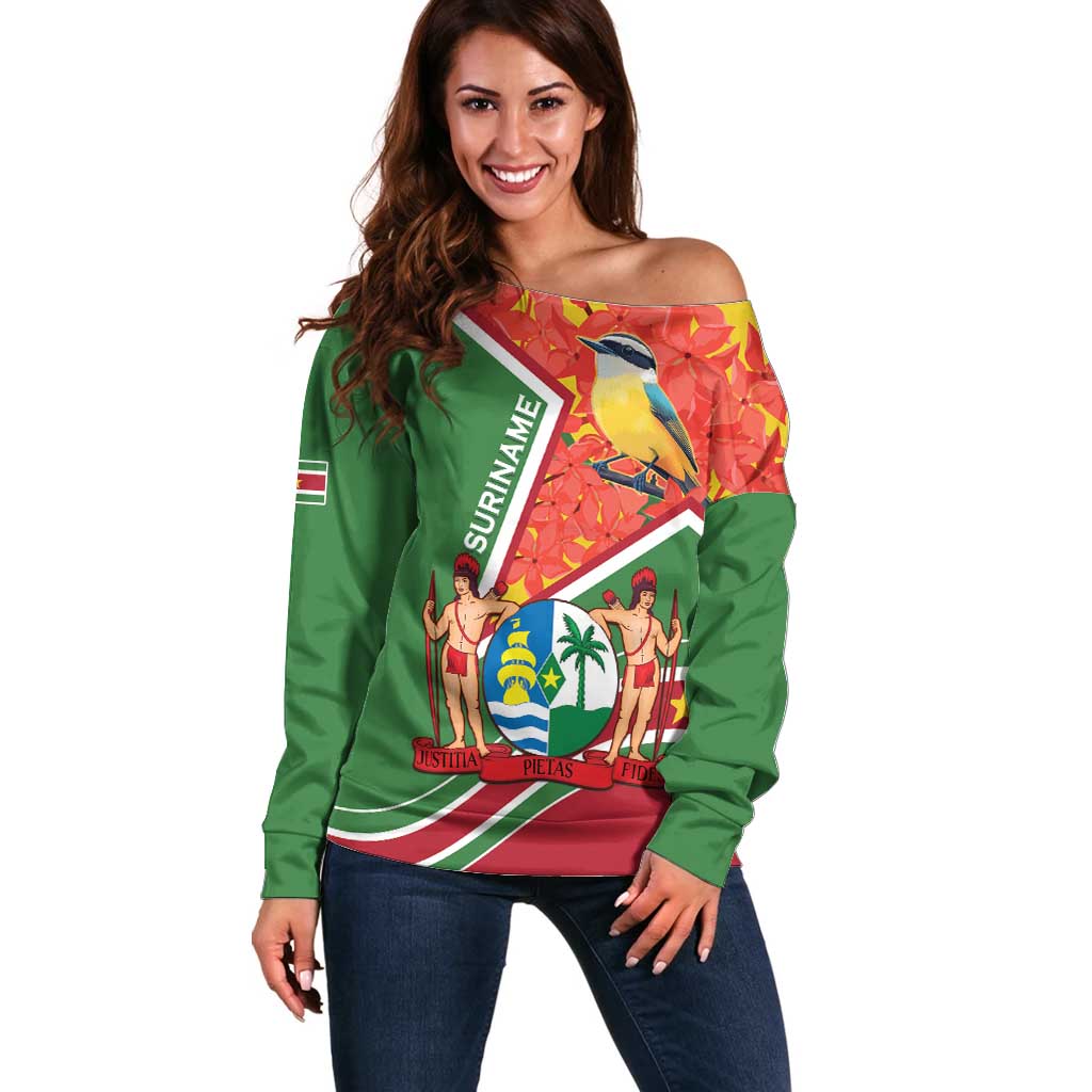 Suriname Independence Day Off Shoulder Sweater Coat Of Arms With Lesser Kiskadee - Wonder Print Shop