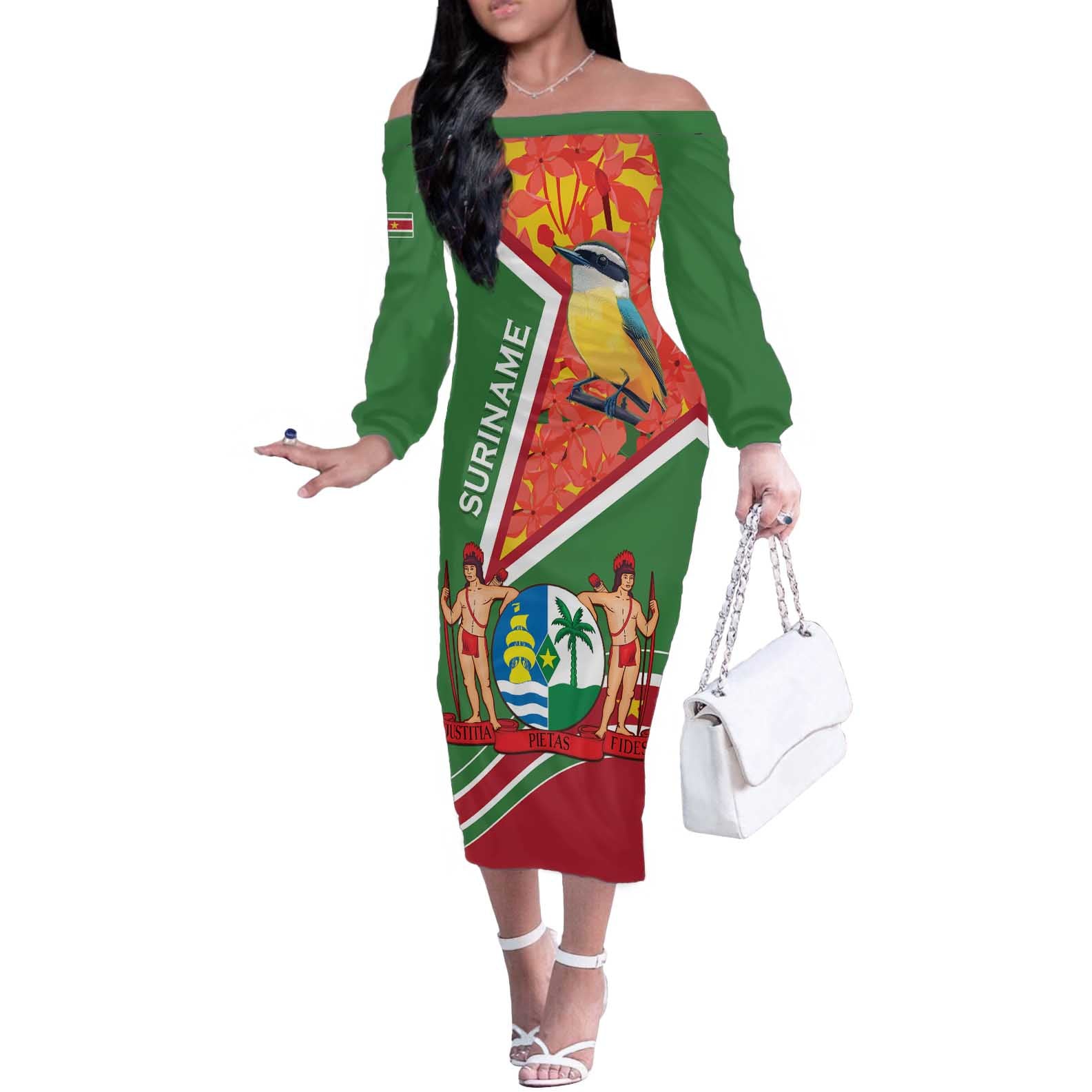 Suriname Independence Day Off The Shoulder Long Sleeve Dress Coat Of Arms With Lesser Kiskadee - Wonder Print Shop