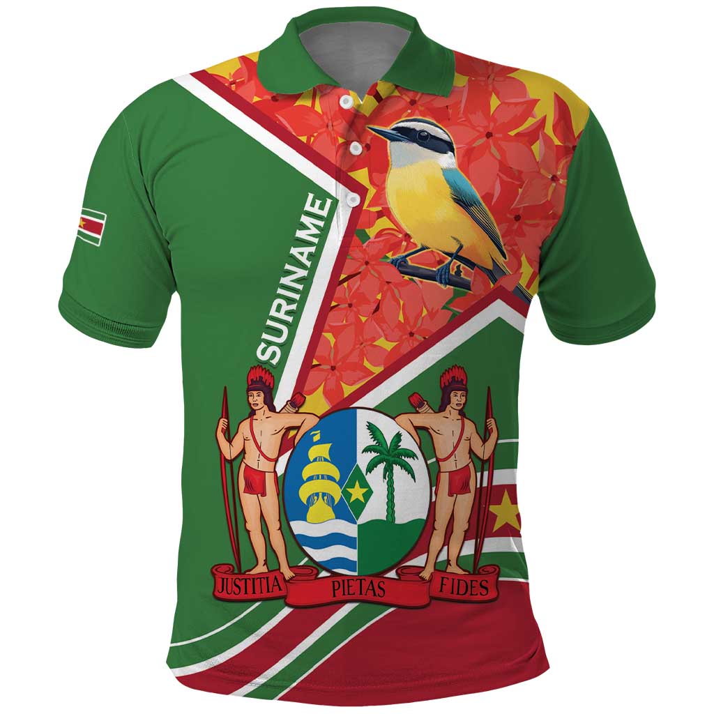 Suriname Independence Day Polo Shirt Coat Of Arms With Lesser Kiskadee - Wonder Print Shop