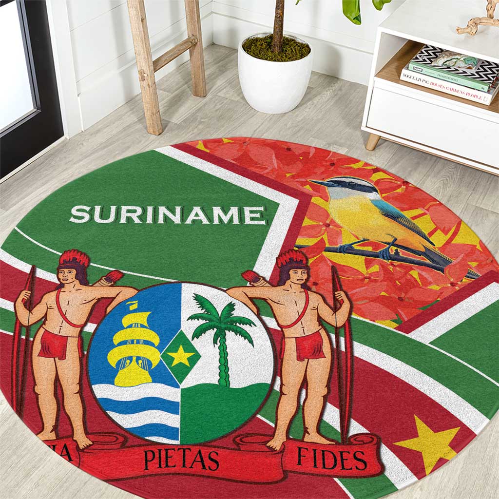 Suriname Independence Day Round Carpet Coat Of Arms With Lesser Kiskadee