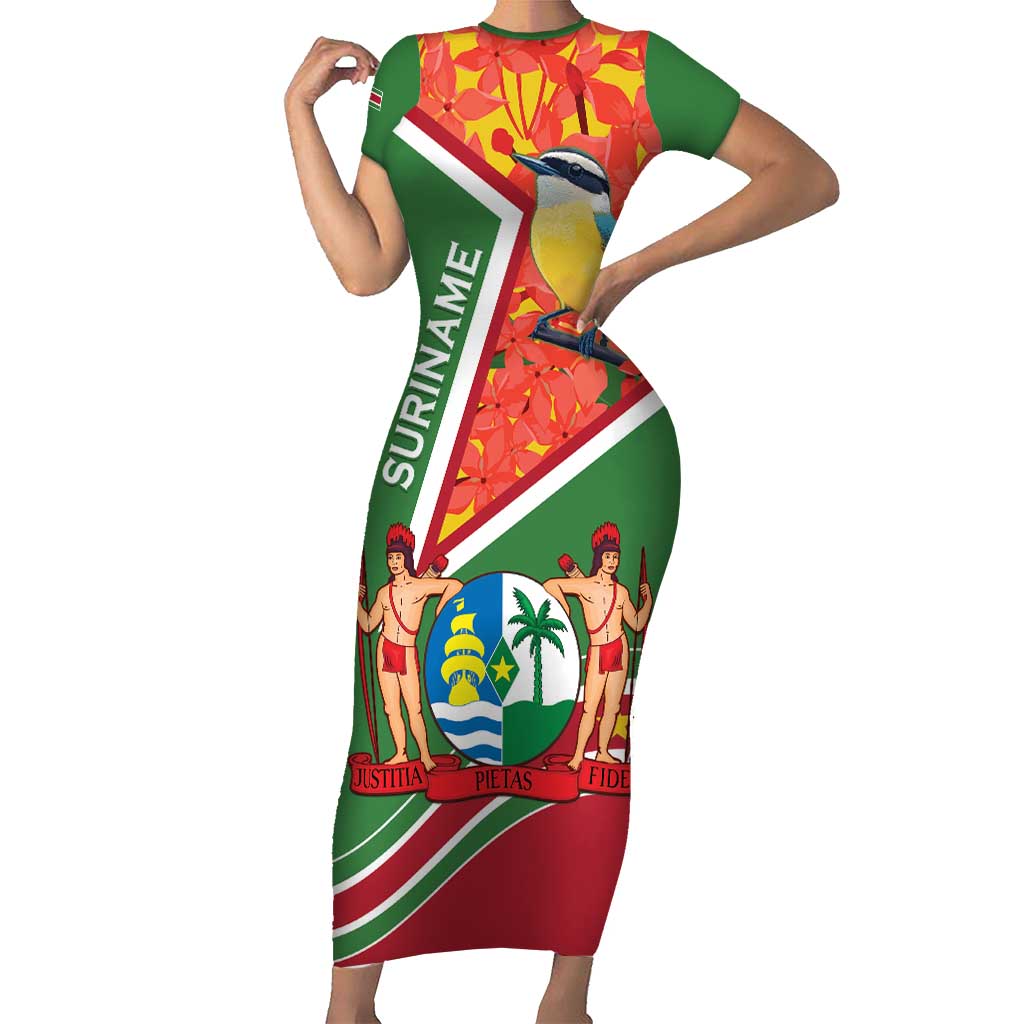 Suriname Independence Day Short Sleeve Bodycon Dress Coat Of Arms With Lesser Kiskadee - Wonder Print Shop