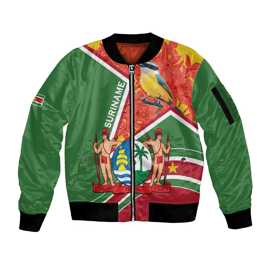 Suriname Independence Day Sleeve Zip Bomber Jacket Coat Of Arms With Lesser Kiskadee - Wonder Print Shop