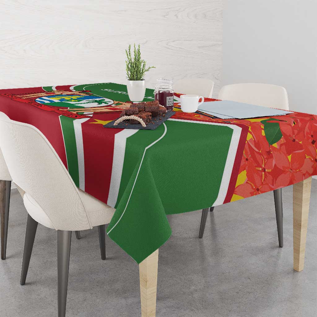 Suriname Independence Day tablecloth on table with coat of arms and red-green stripe design