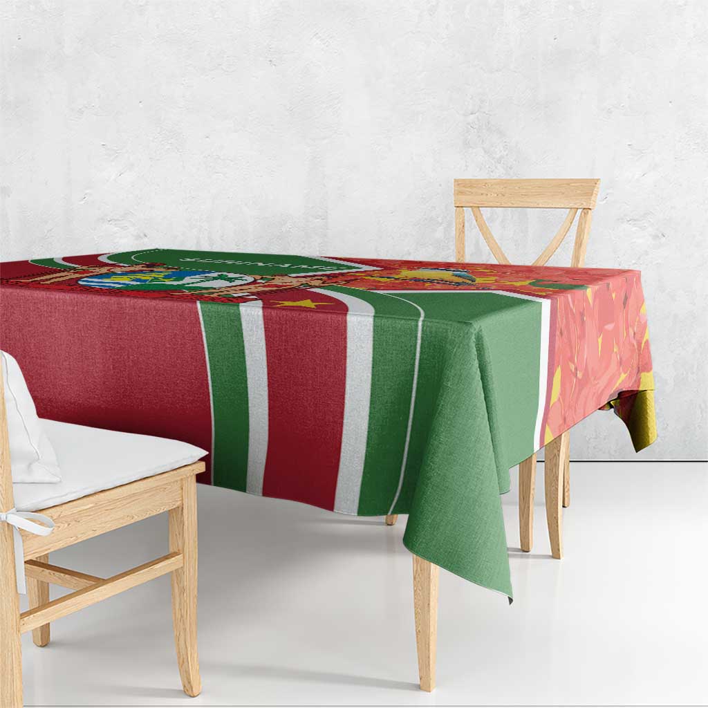 Suriname Independence Day tablecloth with red, green, and white striped pattern, corner drape