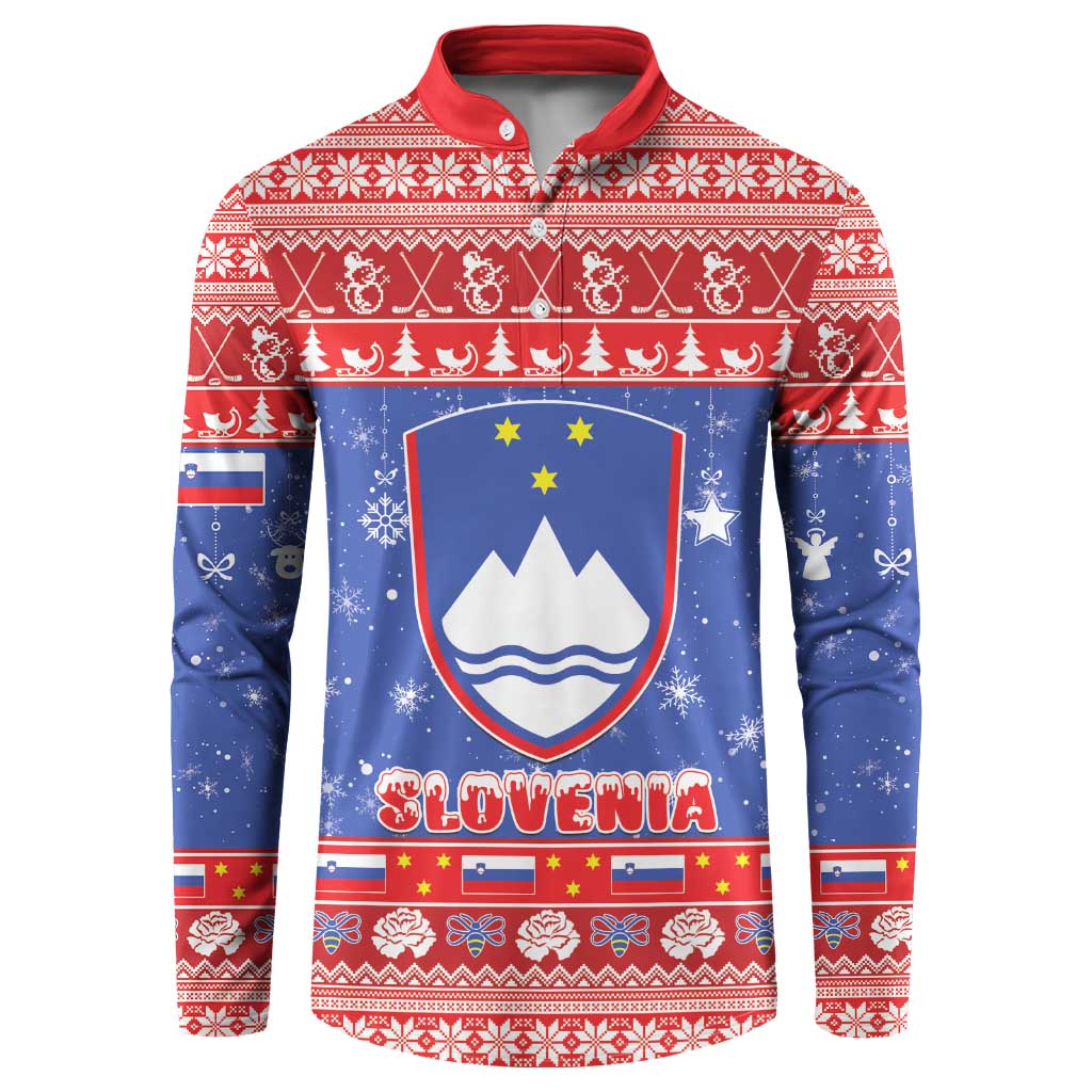 Red and blue festive button sweatshirt with shield crest and holiday pattern border