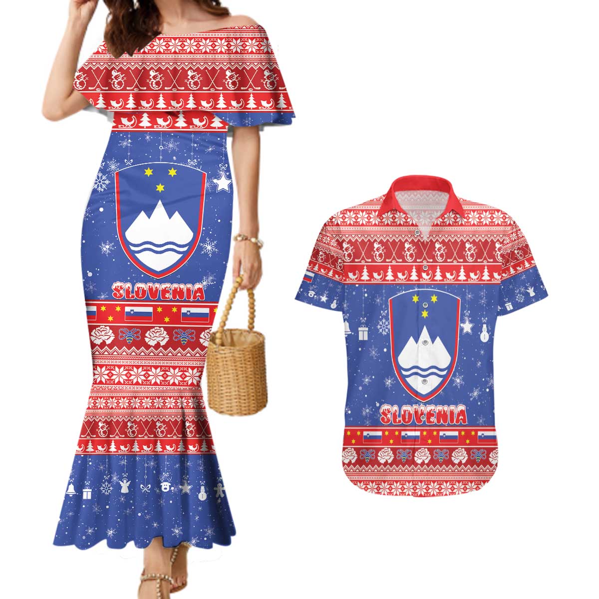 Slovenia Christmas Couples Matching Mermaid Dress and Hawaiian Shirt Coat Of Arms Vesel Bozic - Wonder Print Shop