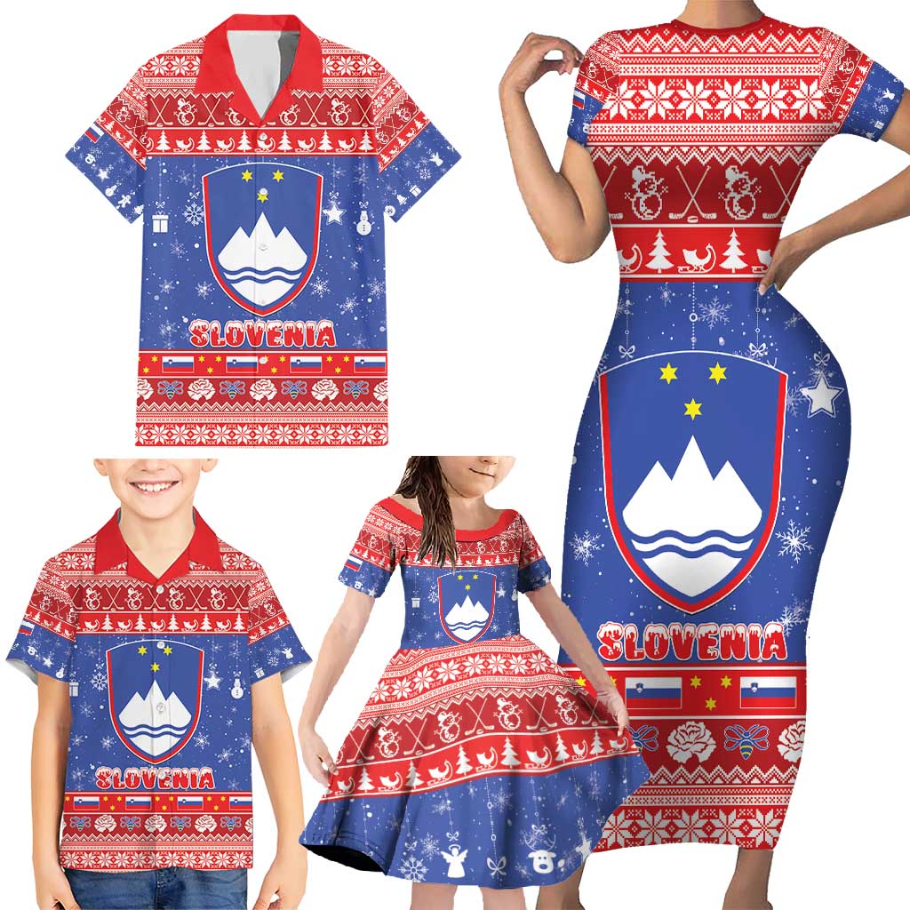 Slovenia Christmas Family Matching Short Sleeve Bodycon Dress and Hawaiian Shirt Coat Of Arms Vesel Bozic - Wonder Print Shop