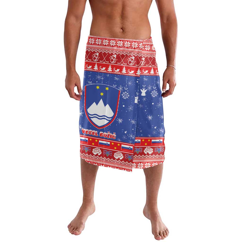 Blue lavalava shorts with red trim, snowflakes, and shield emblem on front