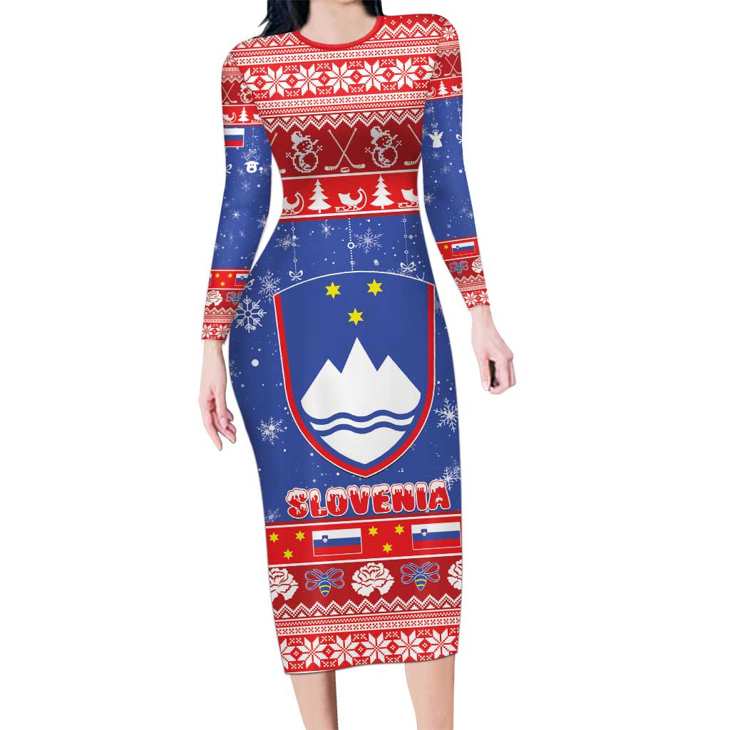 Slovenia Christmas Long Sleeve Bodycon Dress Coat Of Arms Vesel Bozic - Wonder Print Shop