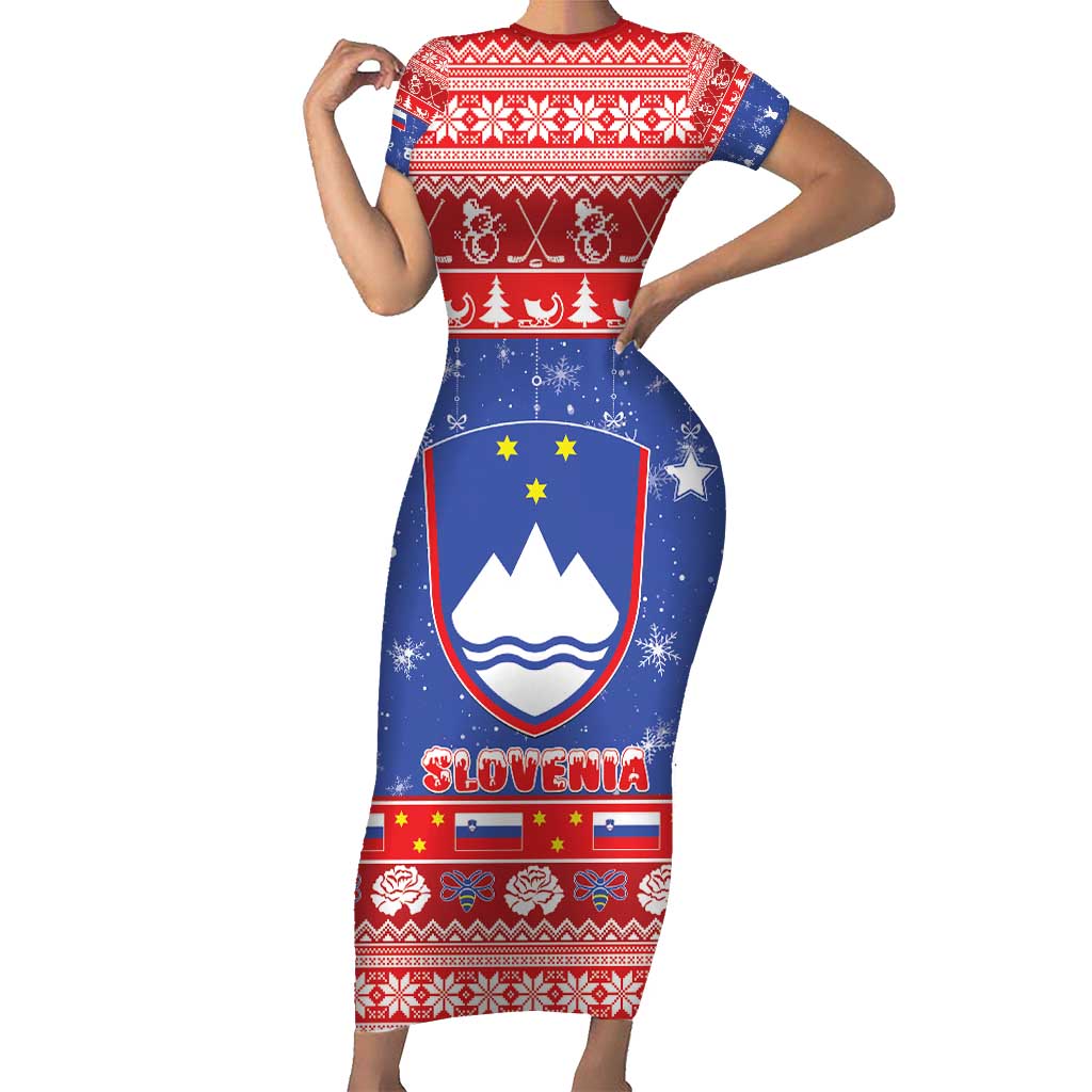 Slovenia Christmas Short Sleeve Bodycon Dress Coat Of Arms Vesel Bozic - Wonder Print Shop