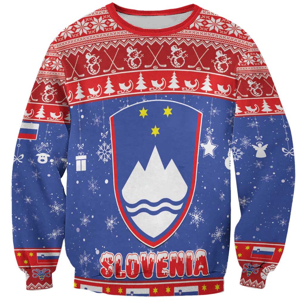 Red and blue Christmas sweatshirt with Slovenia coat of arms and 'Slovenia' name