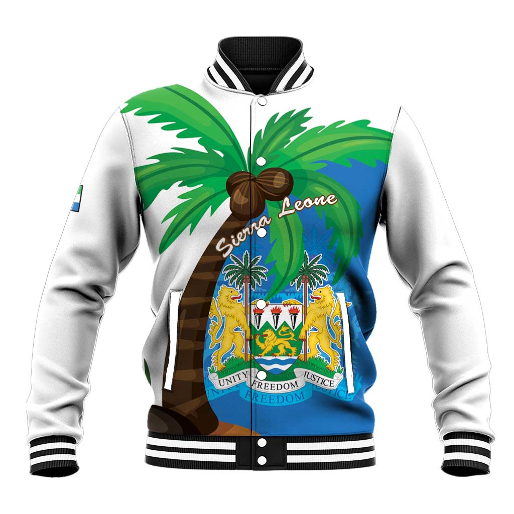 Sierra Leone baseball jacket, white with blue front panel, coat of arms and palm trees