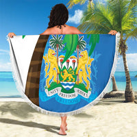 Round Sierra Leone beach blanket with coat of arms and flag map design, white fringed border