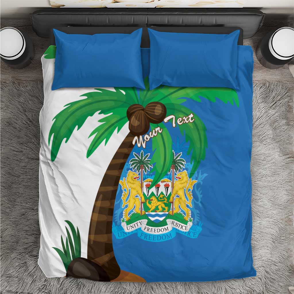 Sierra Leone bedding set with blue duvet, palm-and-coat-of-arms graphic, and two pillowcases
