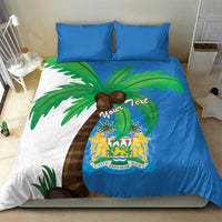 Sierra Leone bedding set: blue duvet with coat-of-arms map design, palm leaves, and two pillowcases