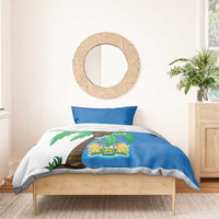 Sierra Leone bedding set with blue duvet and crest shield over palm tree graphic, plus two pillows