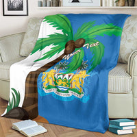 Blue blanket coat with white side panel, palm trees, and crest shield graphic
