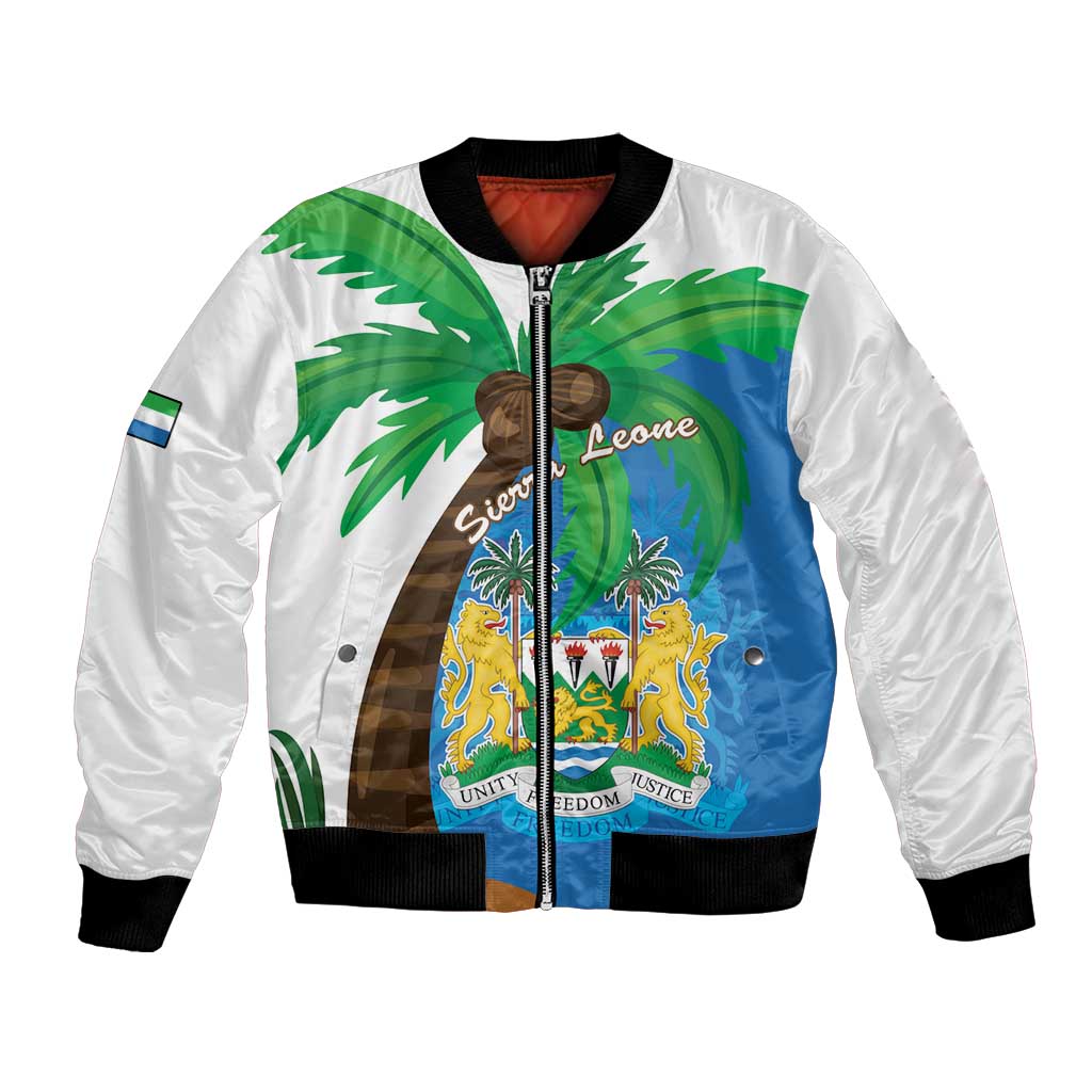 White unisex bomber jacket with Sierra Leone map, coat of arms and flag graphics