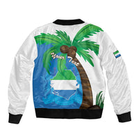 White unisex bomber jacket back graphic with Sierra Leone map, palms, and Your text