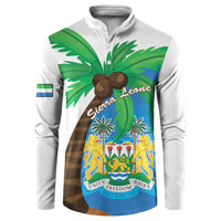 White button sweatshirt coat with Sierra Leone crest, palms, and flag map print