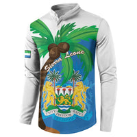 White button sweatshirt coat with Sierra Leone crest and palms graphic on front