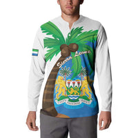 White button sweatshirt coat featuring Sierra Leone crest and palms graphic, full view