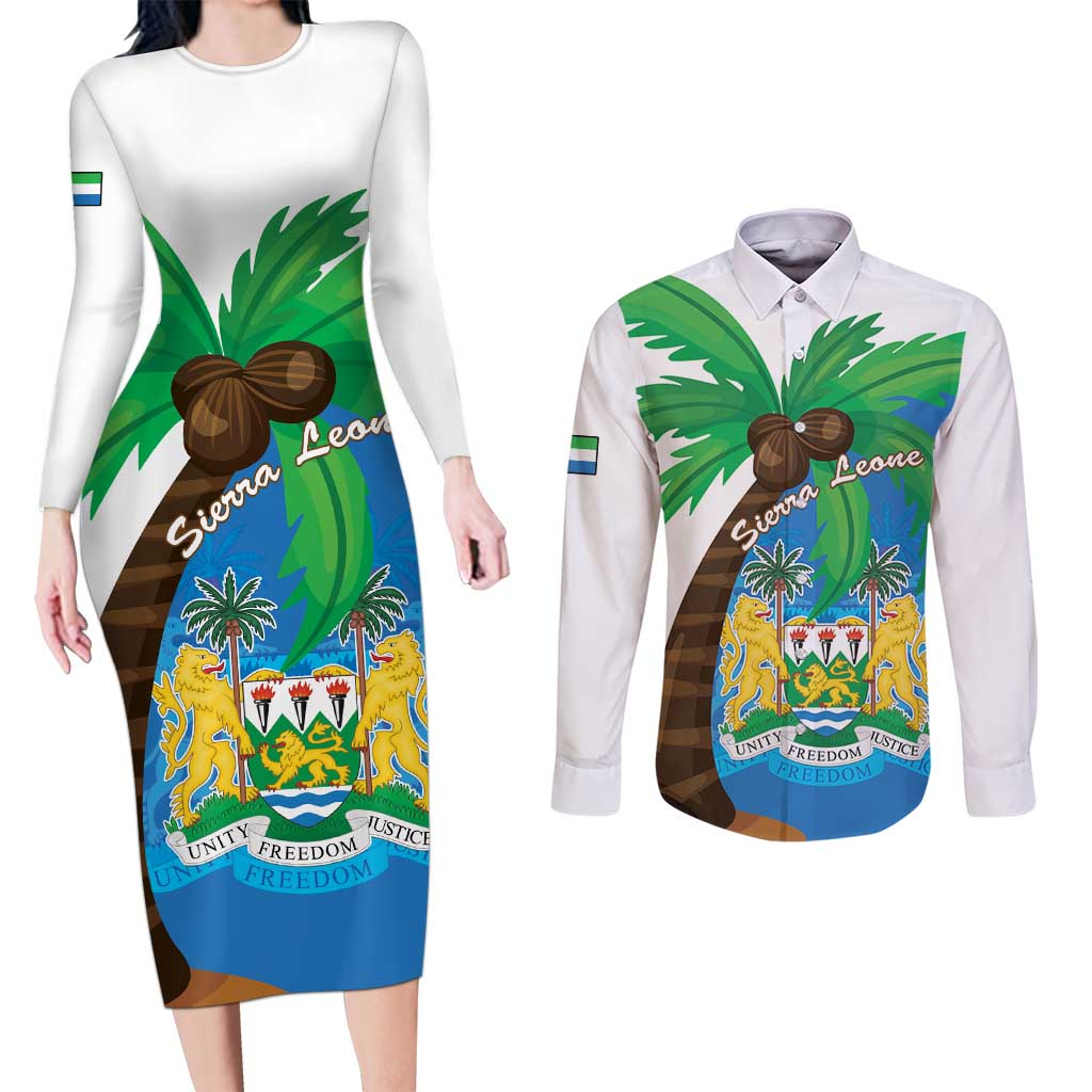 Personalised Sierra Leone Couples Matching Long Sleeve Bodycon Dress and Long Sleeve Button Shirt Coat Of Arms With Flag Map - Wonder Print Shop