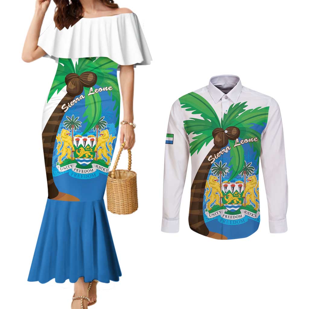 Personalised Sierra Leone Couples Matching Mermaid Dress and Long Sleeve Button Shirt Coat Of Arms With Flag Map