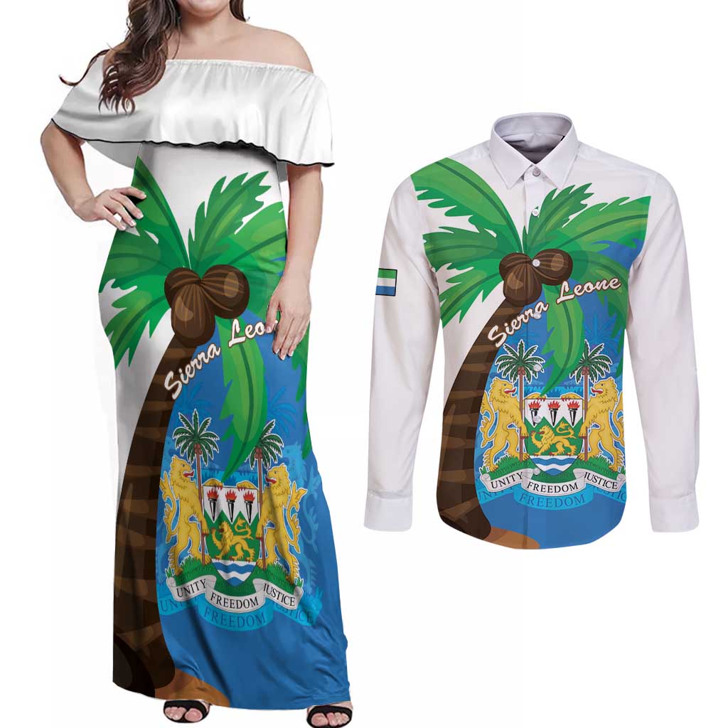 Personalised Sierra Leone Couples Matching Off Shoulder Maxi Dress and Long Sleeve Button Shirt Coat Of Arms With Flag Map - Wonder Print Shop