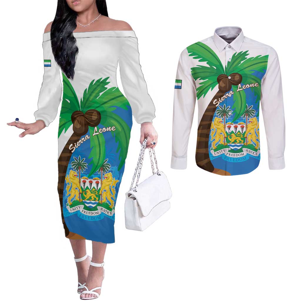 Personalised Sierra Leone Couples Matching Off The Shoulder Long Sleeve Dress and Long Sleeve Button Shirt Coat Of Arms With Flag Map