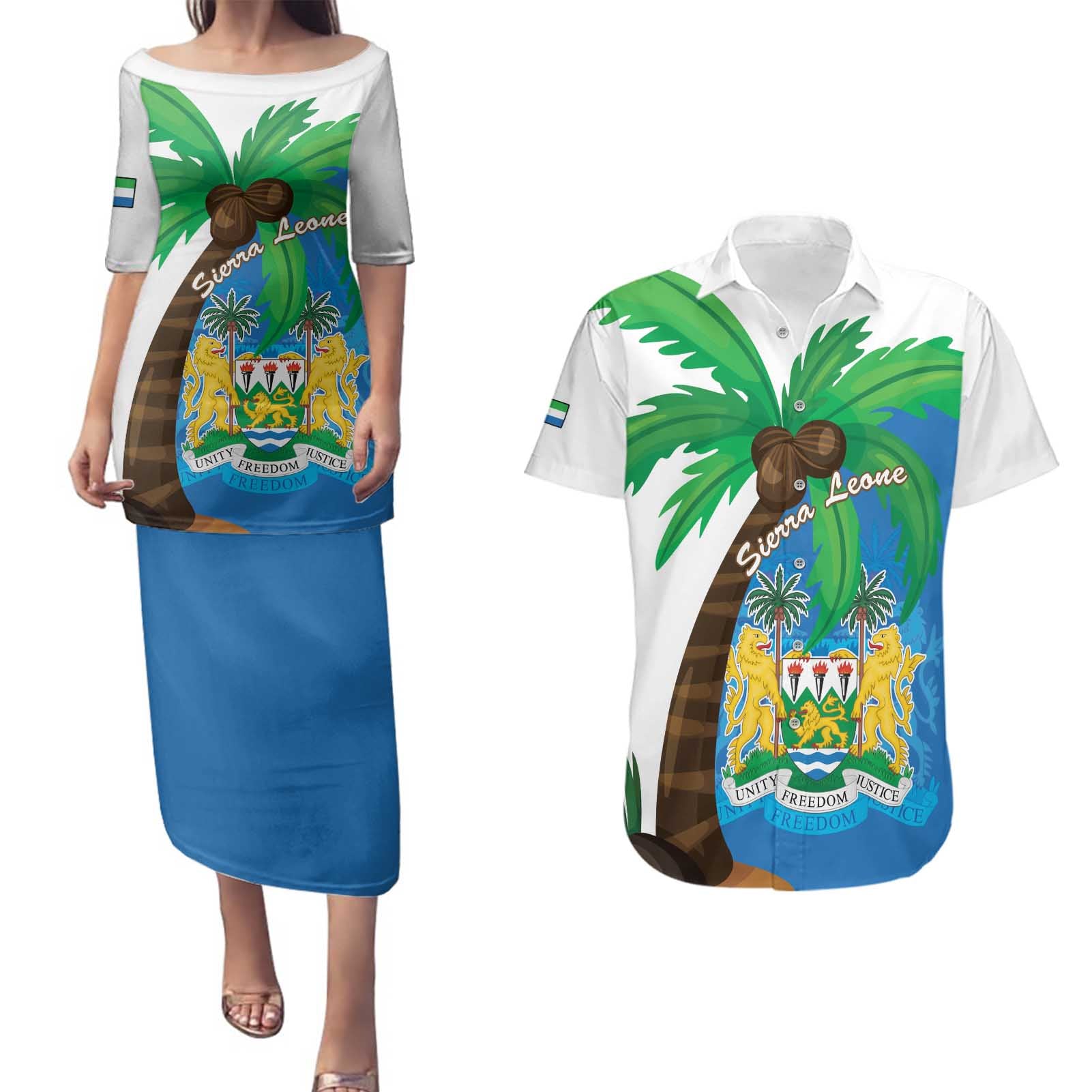 Personalised Sierra Leone Couples Matching Puletasi and Hawaiian Shirt Coat Of Arms With Flag Map - Wonder Print Shop