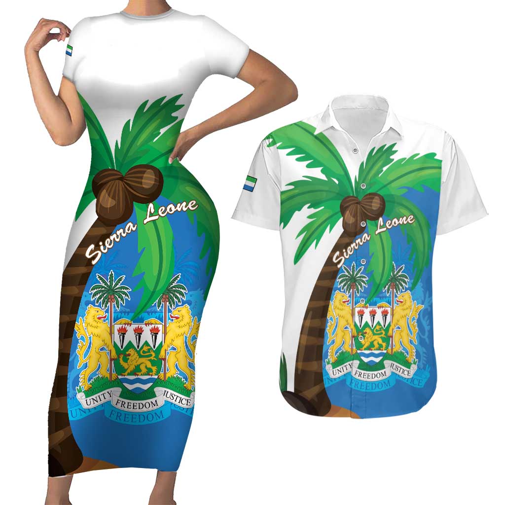 Personalised Sierra Leone Couples Matching Short Sleeve Bodycon Dress and Hawaiian Shirt Coat Of Arms With Flag Map - Wonder Print Shop