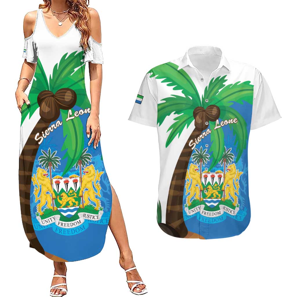 Personalised Sierra Leone Couples Matching Summer Maxi Dress and Hawaiian Shirt Coat Of Arms With Flag Map - Wonder Print Shop