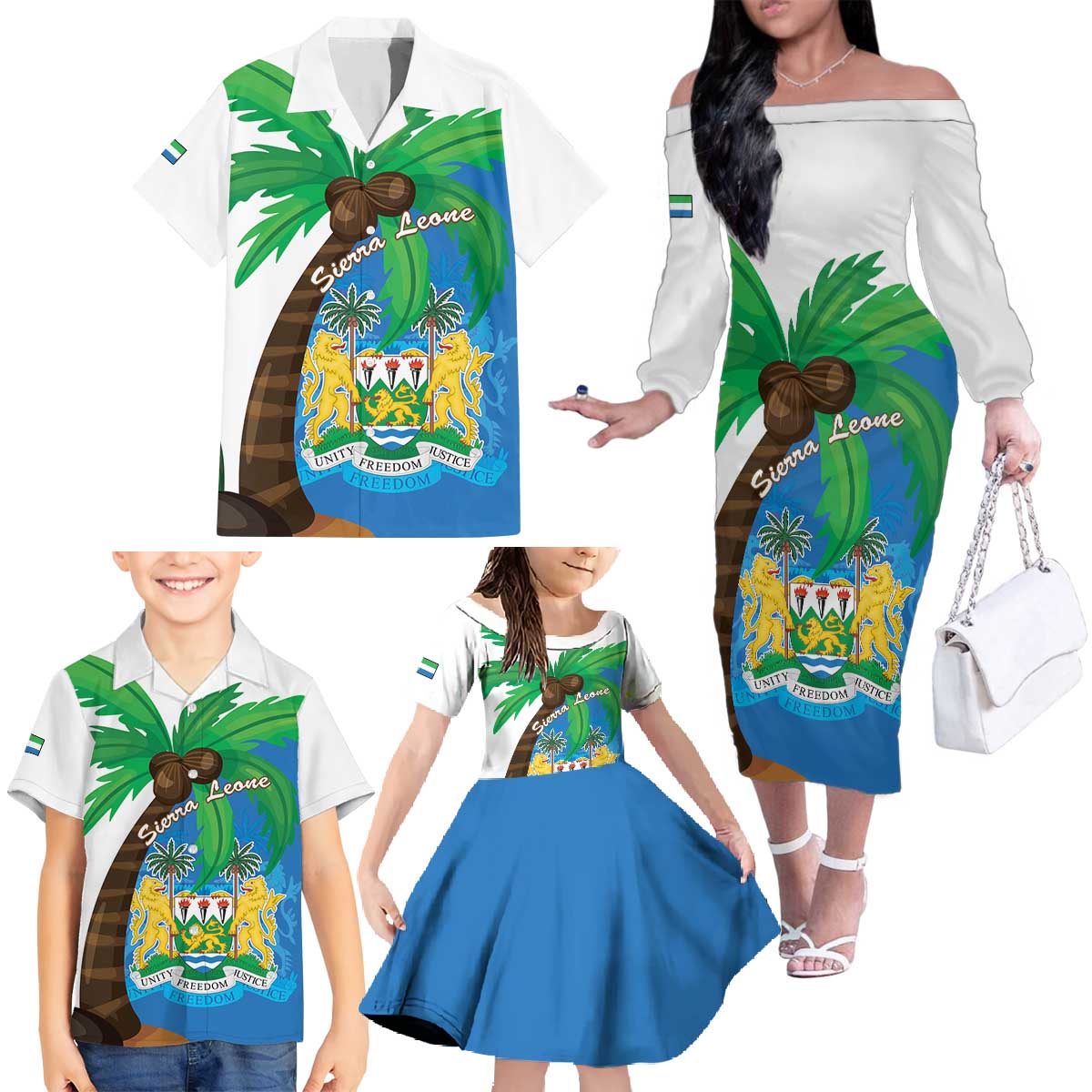 Personalised Sierra Leone Family Matching Off The Shoulder Long Sleeve Dress and Hawaiian Shirt Coat Of Arms With Flag Map - Wonder Print Shop