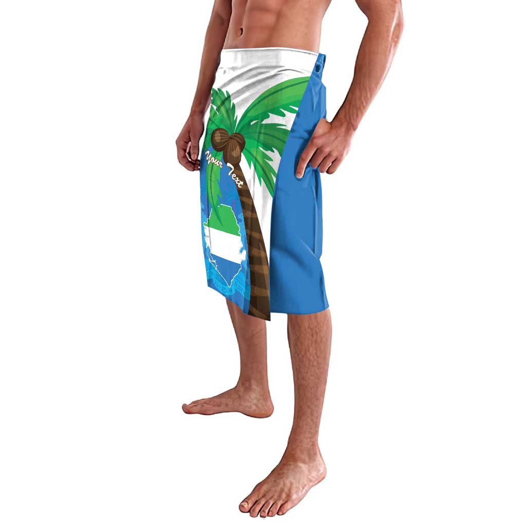 Blue lavalava wrap skirt with white front panel and Sierra Leone flag map design